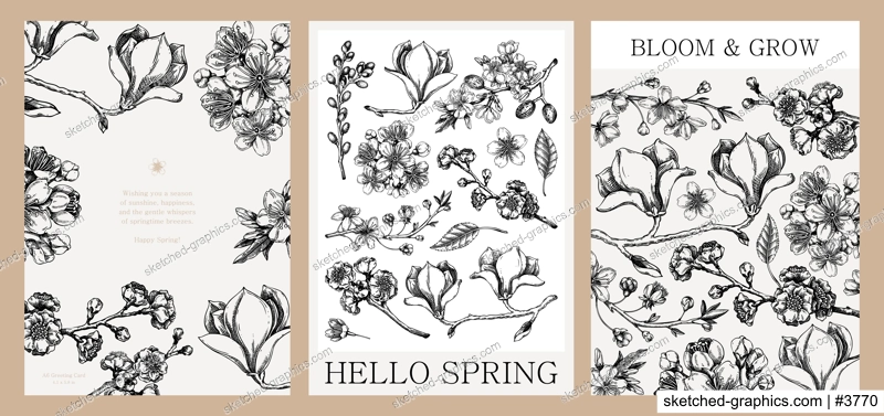 Spring design set, engraved style. Blooming trees hand-drawn vector illustration. Floral frame, book cover, poster design, greeting card. NOT AI generated