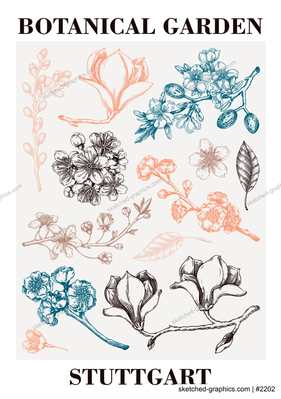 Spring poster design. Blooming branches sketches. Hand-drawn botanical illustration. Floral print design. NOT AI genereted