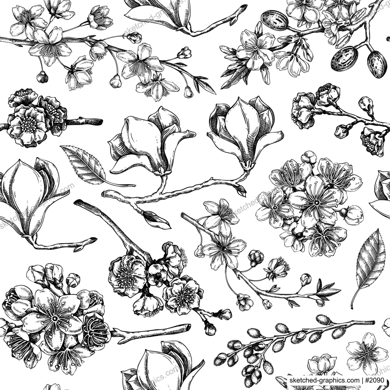 Spring vector background. Blooming branches sketches. Hand-drawn botanical illustration. Floral seamless pattern. NOT AI genereted