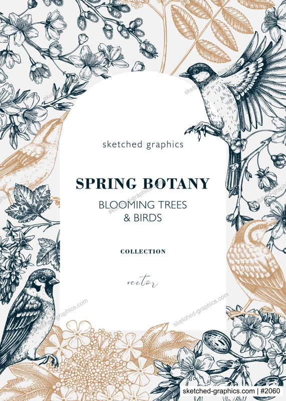 Vintage spring card or invitation template. Vintage frame designs with birds, flowers, leaves and blooming tree branches. Almond, willow, rowan, willow, cherry blossom floral sketches for prints