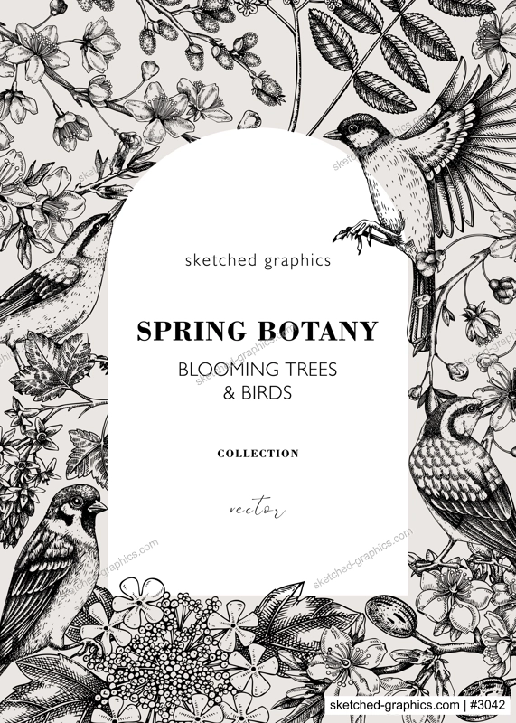 Vintage spring frame designs with birds, flowers, leaves and blooming tree branches. Almond, willow, rowan, willow, cherry blossom floral sketches for prints. Floral card or invitation template.