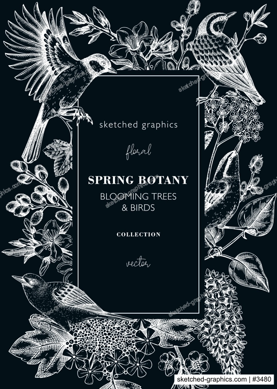 Vintage spring frame designs with birds, flowers, leaves and blooming tree branches. Almond, willow, rowan, willow, cherry blossom floral sketches for prints. Floral card or invitation template.