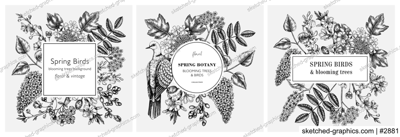 Spring hand drawn frame templates set. Floral wreath designs with birds and blooming trees. Cherry, almond, willow, rowan, currant, Japanese quince, lilac in flowers sketches for cards or prints