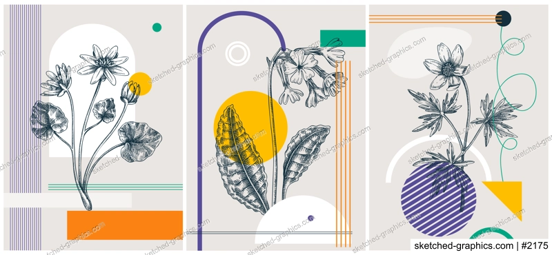 Collage-style spring flower vector illustration. Hand-sketched floral banner set. Trendy design with botanical elements and geometric shapes. Elegant wildflowers for sketch print, poster, and card