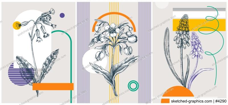 Collage-style spring flower vector illustration. Hand-sketched floral banner set. Trendy design with botanical elements and geometric shapes. Elegant wildflowers for sketch print, poster, and card