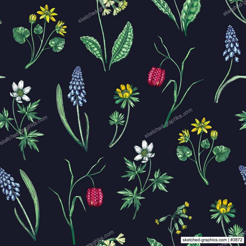 Spring flowers seamless pattern. Wildflowers background. Forest plant, greenery, wild flowers sketches. Hand drawn vector illustration. Not AI-generated