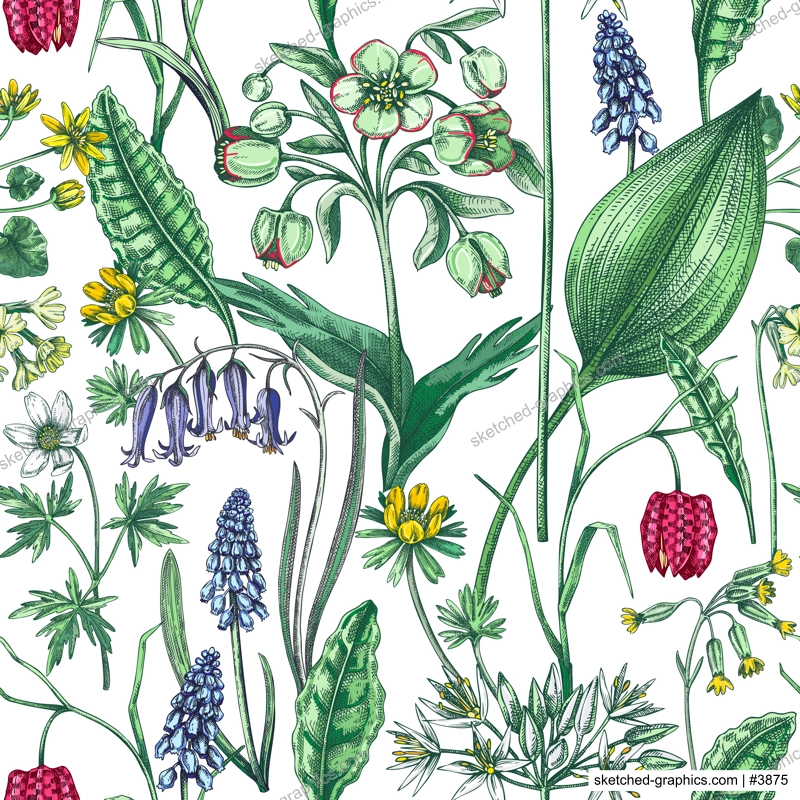 Spring flowers seamless pattern. Wildflowers background. Forest plant, greenery, wild flowers sketches. Hand drawn vector illustration. Not AI-generated