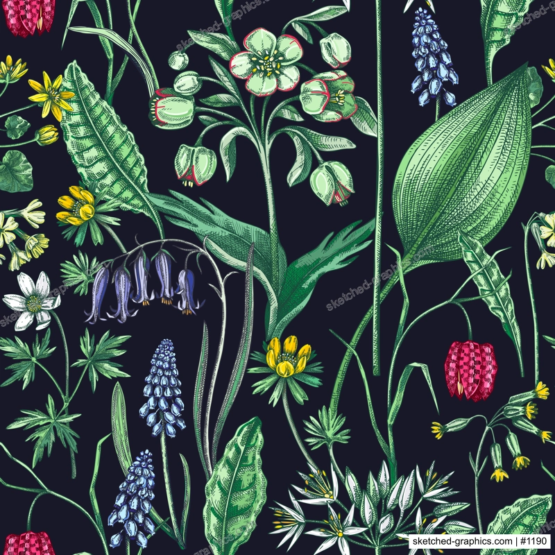 Spring flowers seamless pattern. Wildflowers background. Forest plant, greenery, wild flowers sketches. Hand drawn vector illustration. Not AI-generated