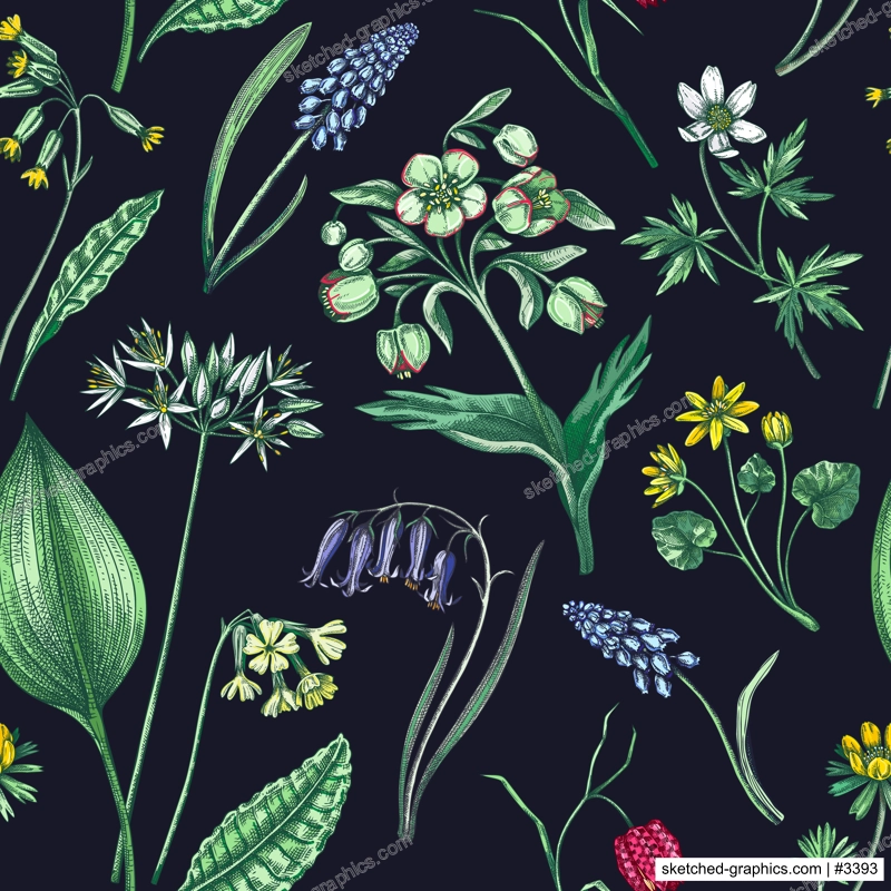 Spring flowers seamless pattern. Wildflowers background. Forest plant, greenery, wild flowers sketches. Hand drawn vector illustration. Not AI-generated