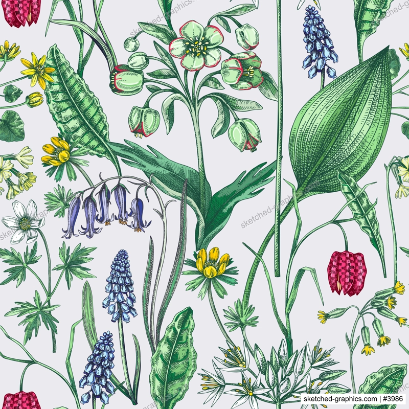 Spring flowers seamless pattern. Wildflowers background. Forest plant, greenery, wild flowers sketches. Hand drawn vector illustration. Not AI-generated