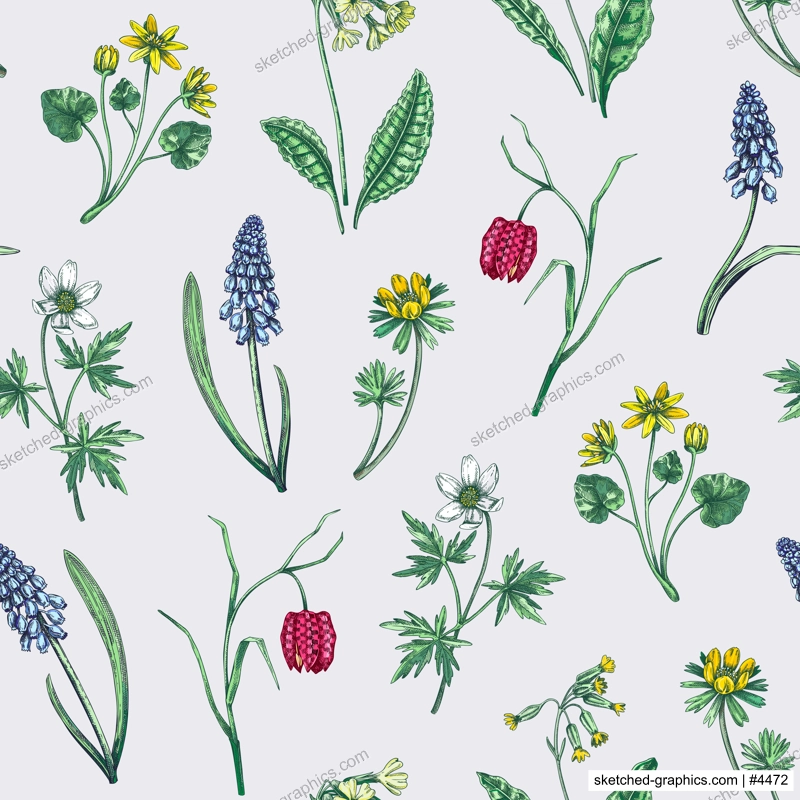 Spring flowers seamless pattern. Wildflowers background. Forest plant, greenery, wild flowers sketches. Hand drawn vector illustration. Not AI-generated