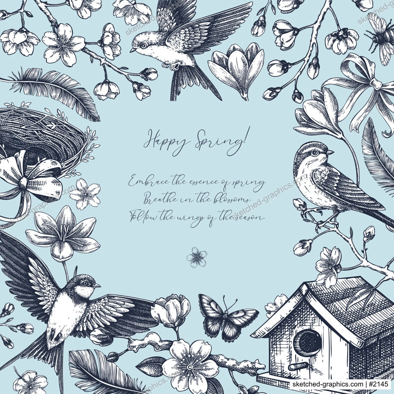 Spring background vintage frame. Easter design, greeting card. Hand-drawn flowers, flying birds, blooming cherry vector illustrations. NOT AI generated