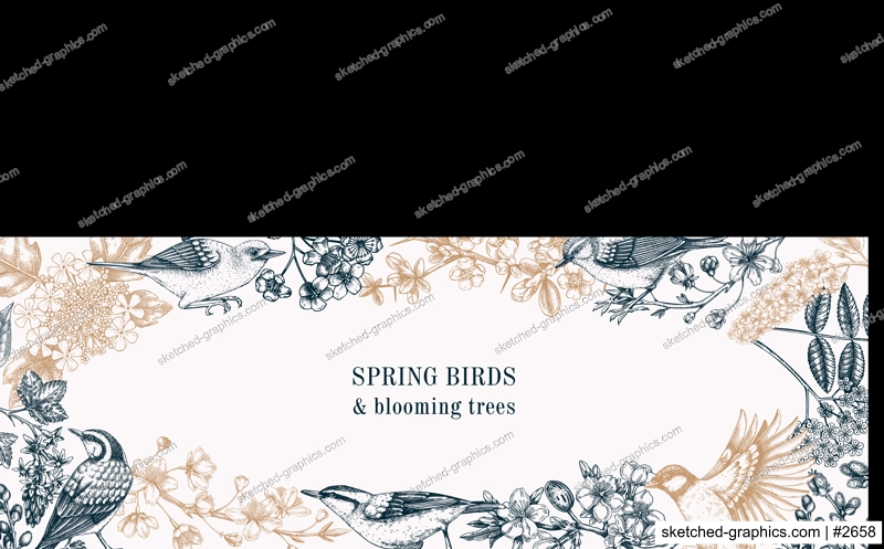 Spring garden banner template in sketched style. Vintage frame with birds, flowers, and blooming branches. Almond, willow, rowan, willow, cherry blossom floral sketches for prints or web design