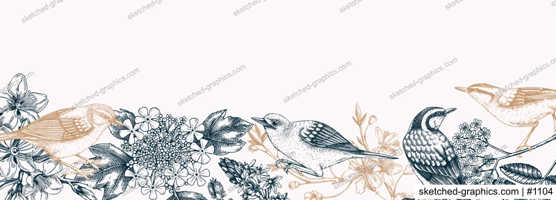 Spring garden banner template in sketched style. Vintage border with birds, flowers, and blooming branches. Almond, willow, rowan, willow, cherry blossom floral sketches for prints or web design