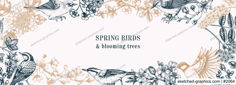 Spring garden frame designs. Vector background with birds, flowers, blooming tree branches in sketched style. Almond, willow, rowan, willow, cherry blossom banner. Hand drawn floral sketch 