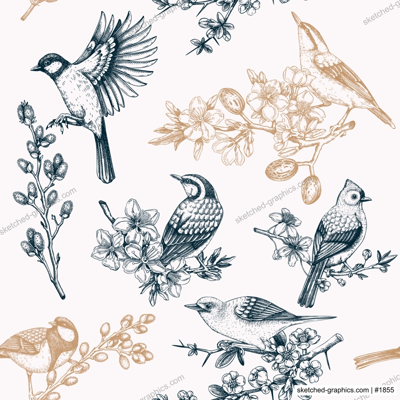 Spring garden background. Vintage seamless patter with birds, flowers, leaves and blooming tree branches. Hand drawn almond, willow, rowan, willow, cherry blossom floral sketches for prints or textile