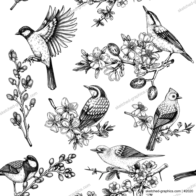 Spring garden background. Vintage seamless patter with birds, flowers, leaves and blooming tree branches. Hand drawn almond, willow, rowan, willow, cherry blossom floral sketches for prints or textile