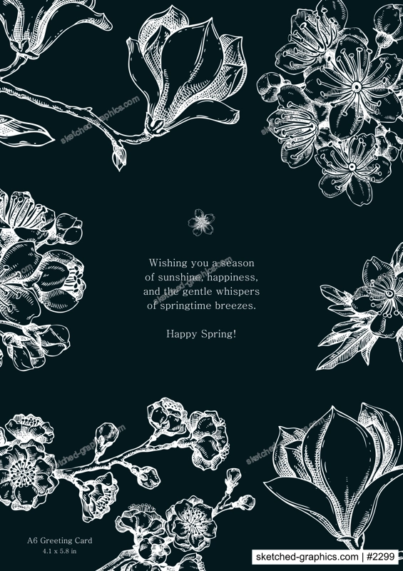 Spring greeting card. Blooming branches chalk drawings. Hand-drawn botanical illustration. Floral invitation design. NOT AI genereted
