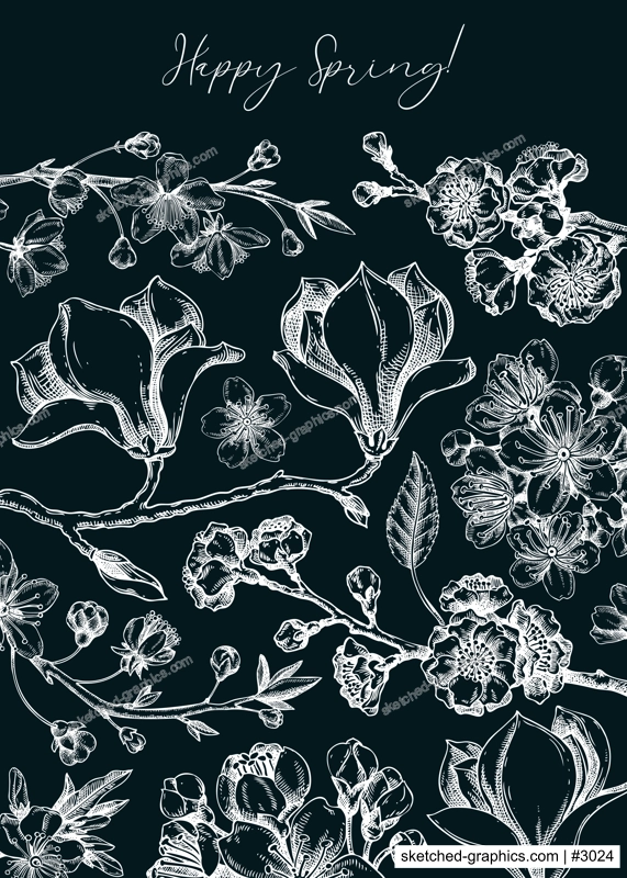 Spring greeting card. Blooming branches chalk drawing. Hand-drawn botanical illustration. Floral vector design. NOT AI genereted