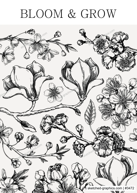 Spring greeting card. Blooming branches sketches. Hand-drawn botanical illustration. Floral vector design. NOT AI genereted