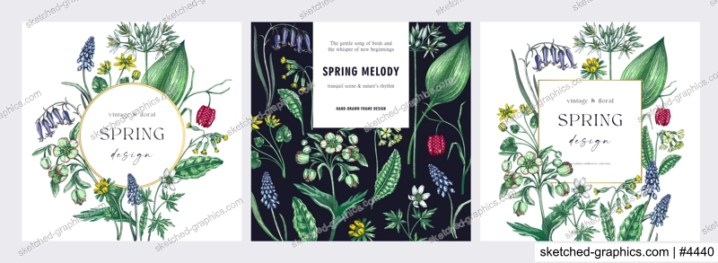 Happy spring hand drawn greeting cards set. NOT AI generated 