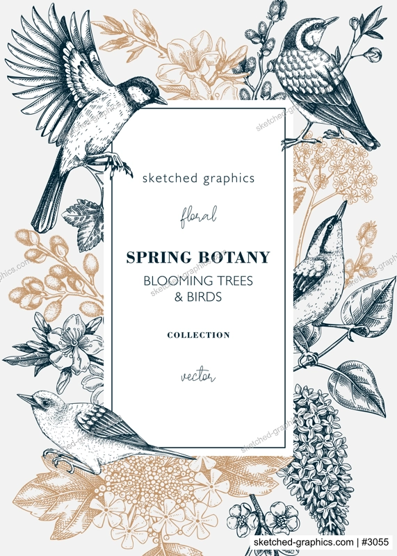Vintage spring card or invitation template. Vintage frame designs with birds, flowers, leaves and blooming tree branches. Almond, willow, rowan, willow, cherry blossom floral sketches for prints 