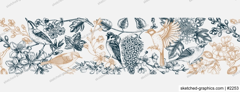 Spring seamless pattern in sketched style. Hand drawn birds, flowers, blooming branches ribbon. Almond, willow, rowan, currant, japanese quince, lilac, cherry blossom sketches vintage background