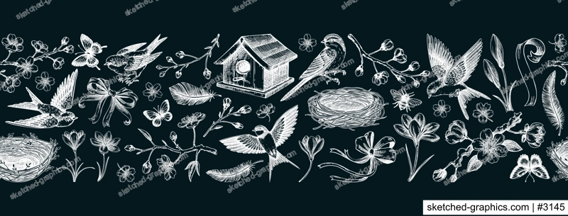Hand drawn spring background. Seamless ribbon. Flying birds, sakura flowers, birdhouse, saffron chalk drawings. Easter vector pattern. NOT AI generated