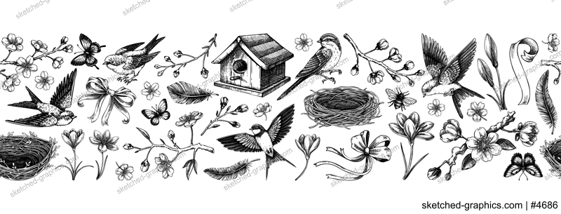 Hand drawn spring background. Seamless ribbon. Flying birds, sakura flowers, birdhouse, saffron vector sketch illustration. Easter pattern. NOT AI generated