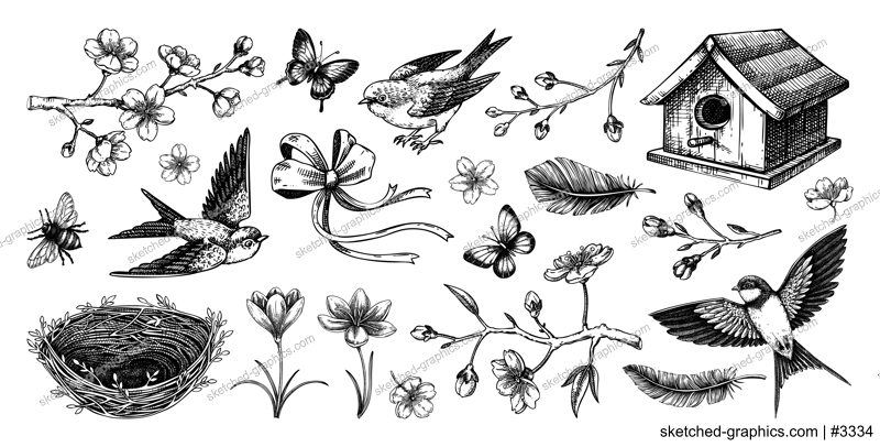Hand-drawn spring sketches. Flying birds, sakura flowers, bird house, saffron vector illustrations. Easter design elements. NOT AI generated