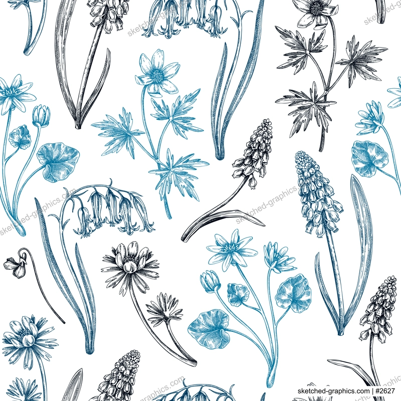 Seamless spring flowers pattern. Hand-drawn wildflowers background. Forest plant and wild flowers illustration. Bluebell, grape hyacinth, muscari, fritillary, winter aconite, wood anemone background