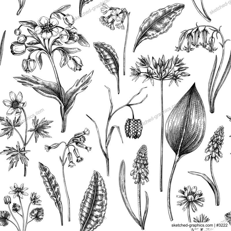 Spring flowers seamless pattern. Wildflowers background. Forest plant, greenery, wild flowers sketches. Hand drawn vector illustration. Not AI-generated
