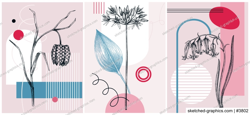 Collage-style first spring wildflowers vector illustration. Hand drawn floral banner. Trendy design with botanical sketches, and geometric shapes. Bluebell, wild garlic, fritillary flowers for prints