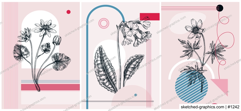 Collage-style first spring wildflowers vector illustration. Hand-drawn floral banner. Trendy design with botanical sketches, and geometric shapes. Winter anemone, cowslip, lesser celandine flowers