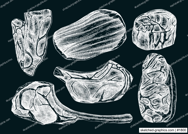 Raw meat sketches set. Hand drawn food illustrations on chalkboard. Vector drawings of filet mignon, rib eye, striploin, flank, tamahawk steaks.