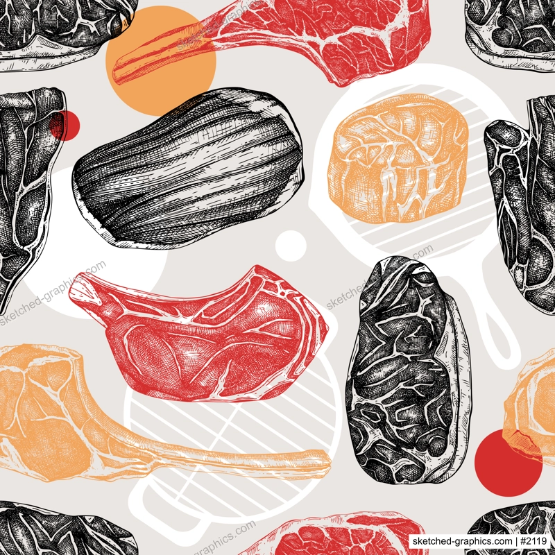 Steak house background. Collage style food seamless pattern. Raw steak vector sketches. Hand-drawn meat illustration. NOT AI generated