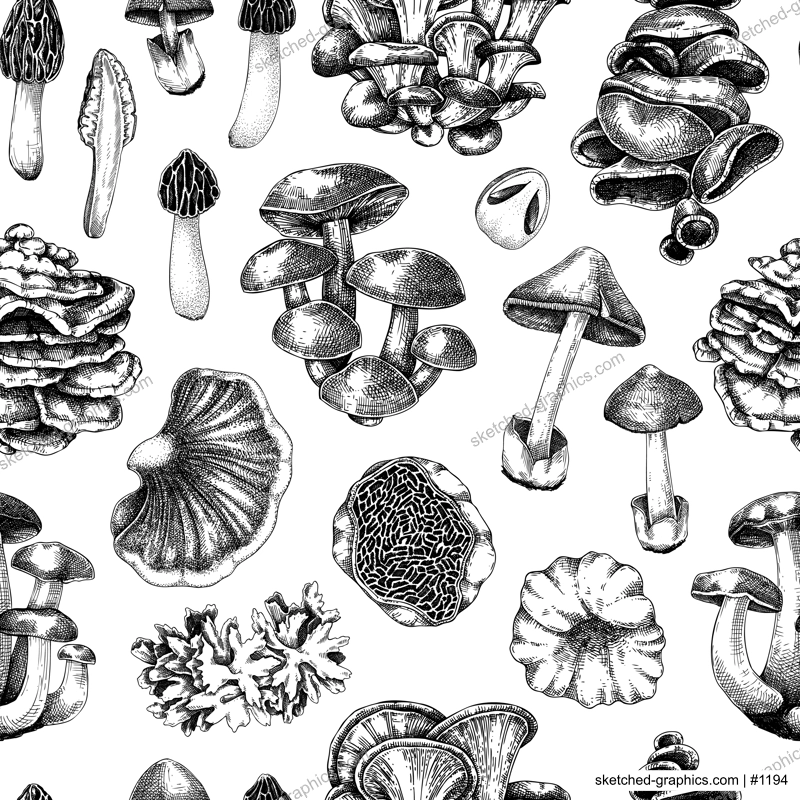 Straw mushroom texture design. Edible fungus background. Fungal protein, mycoprotein source. Edible mushroom seamless pattern. Healthy food and plant-based meat substitutes illustration for packaging
