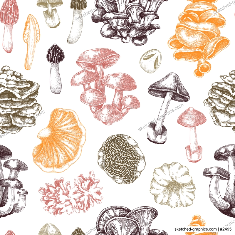 Straw mushroom texture design. Edible fungus background. Fungal protein, mycoprotein source. Edible mushroom seamless pattern. Healthy food and plant-based meat substitutes illustration for packaging