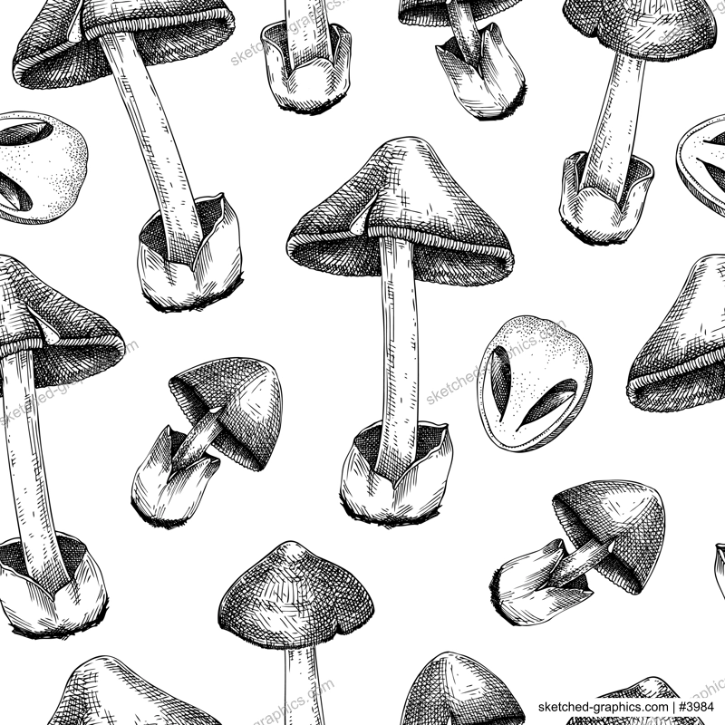 Straw mushroom texture design. Edible fungus background. Fungal protein, mycoprotein source. Edible mushroom seamless pattern. Healthy food and plant-based meat substitutes illustration for packaging 