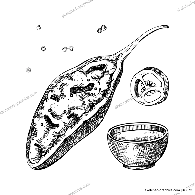 Stuffed jalapeno chili pepper sketches. Hot spices, vegetarian, healthy food hand drawn vector illustration. Mexican cuisine menu design elements. Mexican restaurant food dishes.