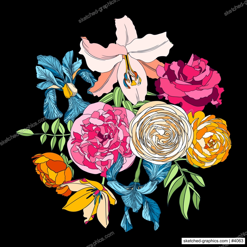 Vector arrange with summer flowers - tulips, iris, rose, lily, ranunculus, peony. Floral composition for greeting card and invitation, event or wedding design. Flowers botanical colorful outlines