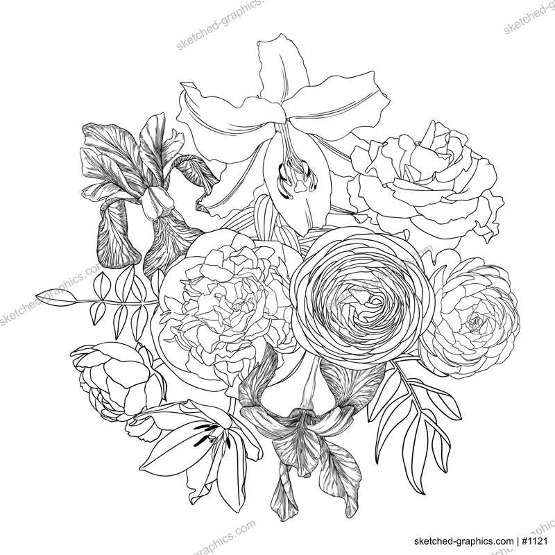 Vector arrange with summer flowers - tulips, iris, rose, lily, ranunculus, peony. Floral composition for greeting card and invitation, event or wedding design. Flowers botanical black outlines