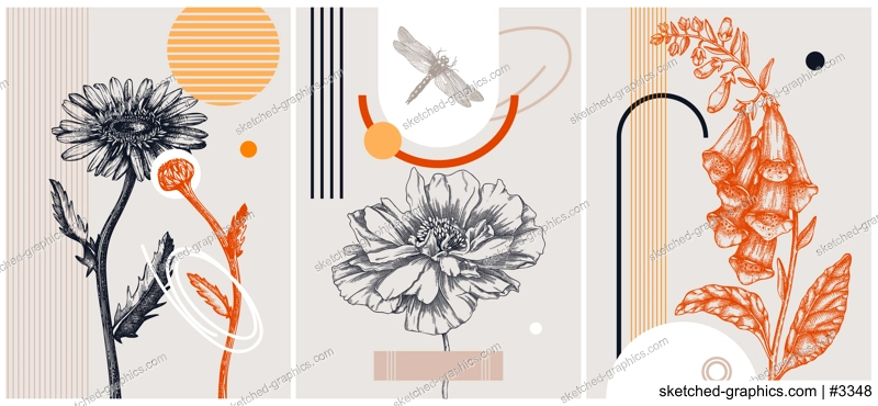 Trendy collage style summer flowers card designs. Abstract and minimalist illustrations with floral sketches. With geometric shapes and botanical elements for wall art, prints, decoration, invitations