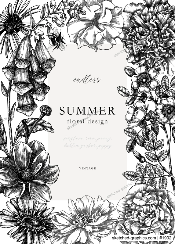 Summer flowers card or invitation template. Hand-sketched garden plants frame in engraved style. Botanical illustration with flower outlines. Perfect for banners, wedding or event design