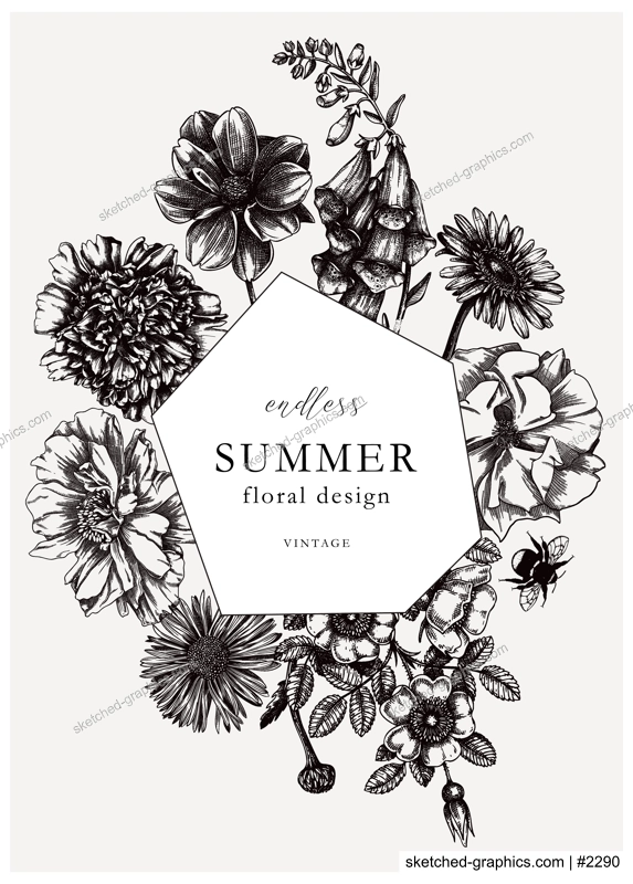 Summer flowers card or invitation template. Hand-sketched garden plants abstract werath in engraved style. Botanical illustration with flower outlines. Perfect for banners, wedding or event design