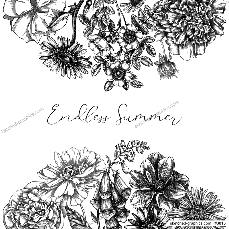 Summer flowers card in vintage style. Hand-sketched garden plants frame design. Perfect for greeting cards, wedding invites, and banners. Hand-drawn botanical illustration with floral sketches.