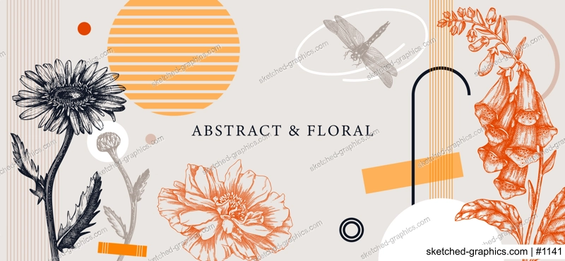 Collage style summer flowers vector illustration. Hand-sketched floral banner. Trendy design with botanical, geometric shapes, and abstract elements. For print, poster, card, social media, wall art.