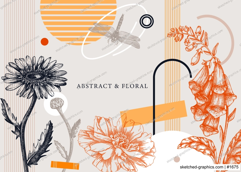 Collage style summer flowers vector illustration. Hand-sketched floral banner. Trendy design with botanical, geometric shapes, and abstract elements. Floral print, poster, social media, wall art.