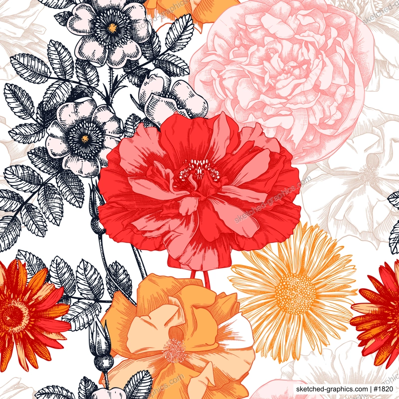 Summer flowers seamless pattern. Hand-sketched garden plants background. Perfect for greeting cards, wedding invites, banners, wrapping paper, and textile. Botanical illustration with floral sketches