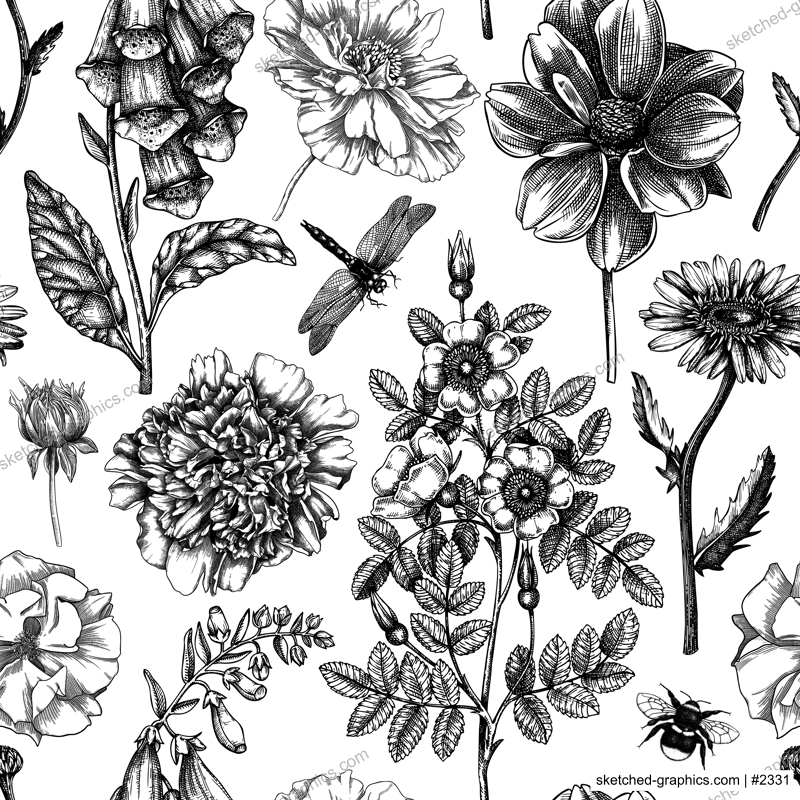Summer flowers seamless pattern. Hand-sketched garden plants background. Perfect for greeting cards, wedding invites, banners, wrapping paper, textile. Botanical illustration with floral outlines
